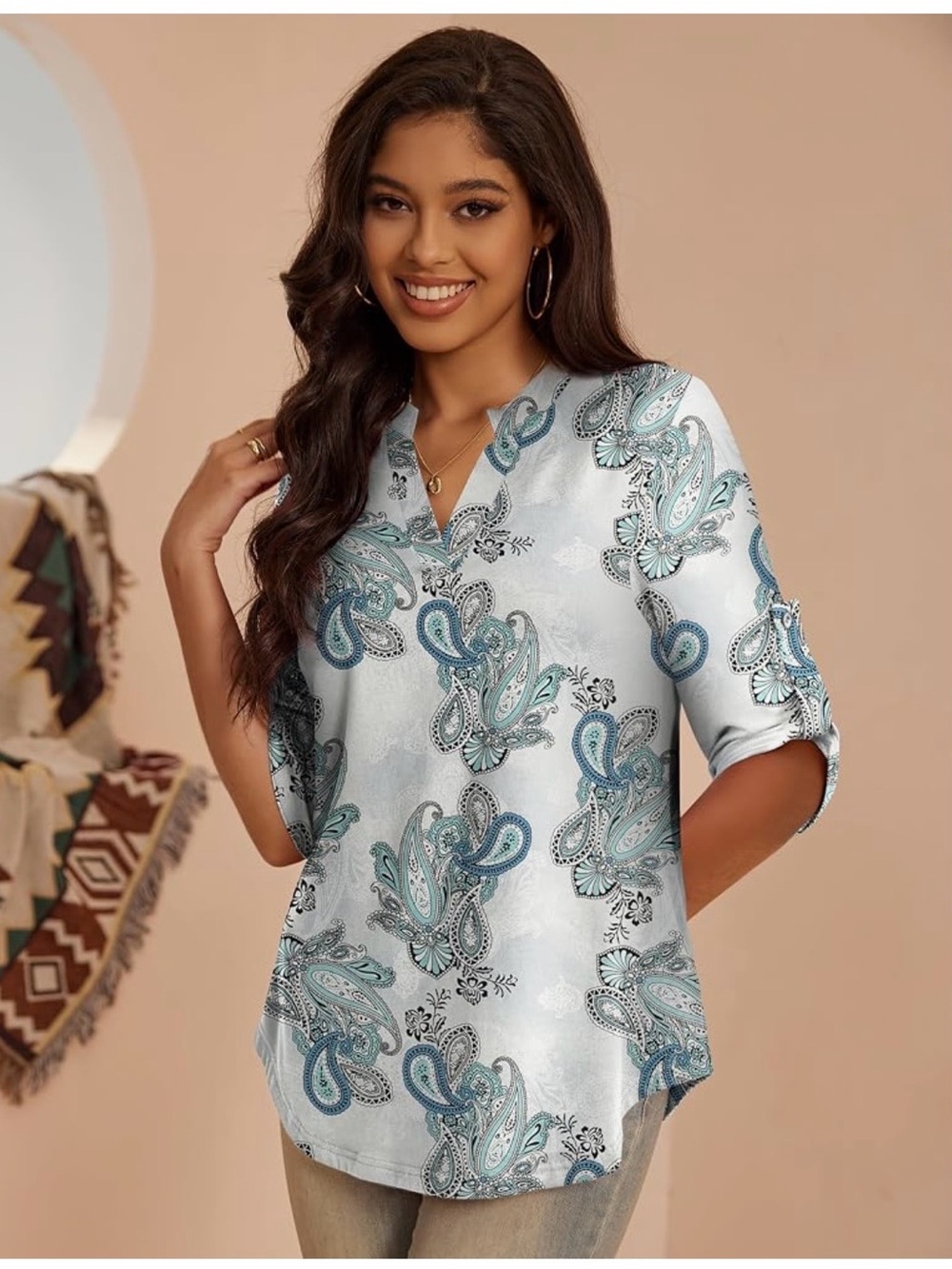 Paisley V-Neck Roll-Sleeve Blouse in Teal and Gray